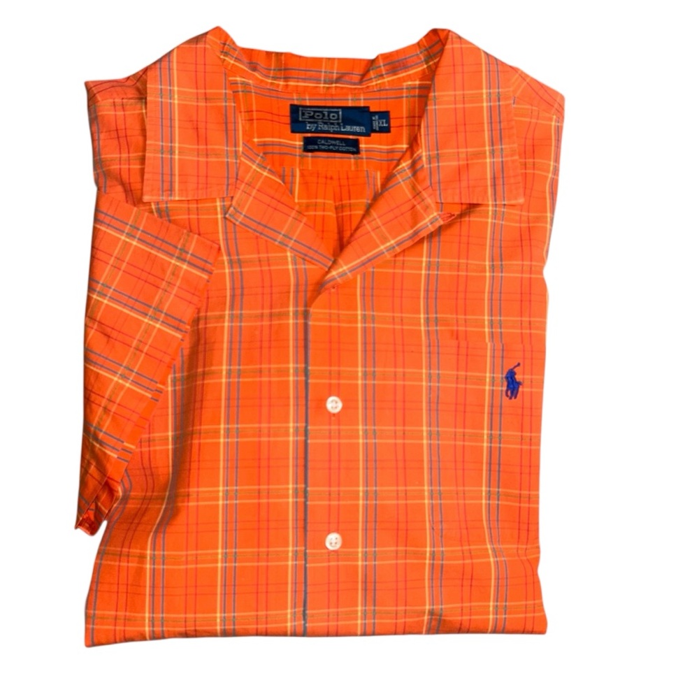 90S Polo By Ralph Lauren Orange Plaid Caldwell Open Collar Short Sleeve Shirt XL